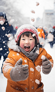 寒冷冬季打雪仗玩雪小孩摄影图4