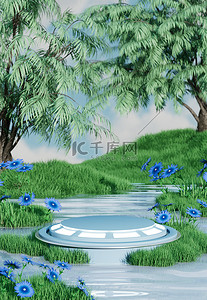 电商背景植物背景图片_春日植物小清新绿色立体c4d展台背景图