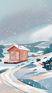 雪屋风景背景图片_室内装饰画冬天风景雪地小屋背景