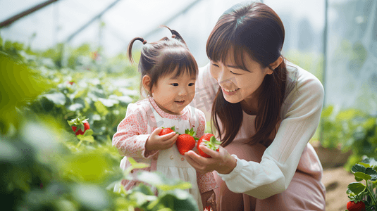 妈妈和孩子一起采摘草莓