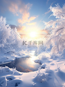 清晨阳光的冬天雪景10素材