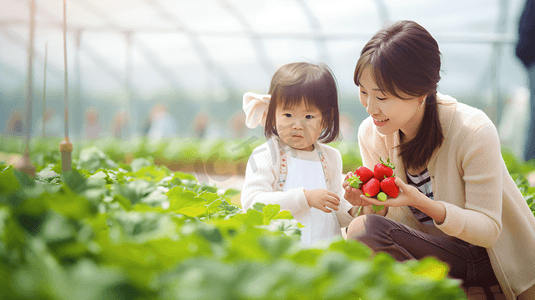 妈妈带着孩子在草莓园采摘