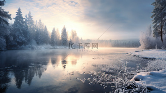 数字18设计背景图片_冬天的湖边日出风光18设计