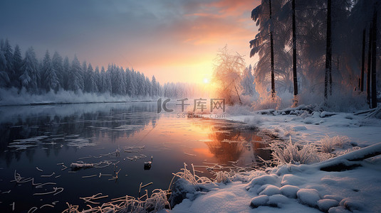 冰雪背景背景图片_冬天的湖边日出风光7背景图