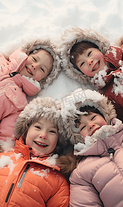 玩耍中的小朋友摄影照片_躺在雪地中的孩童特写
