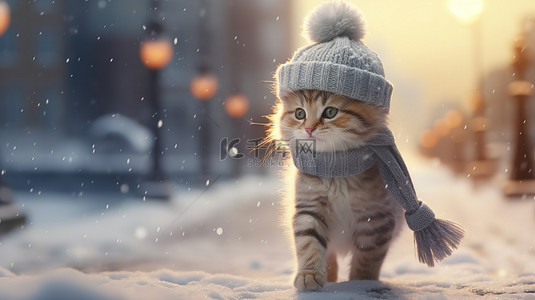 寒冷背景图背景图片_小猫在冰雪上行走2背景图