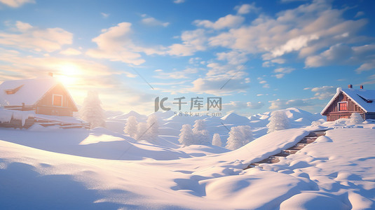雪地里小画家背景图片_日出阳光照在雪地森林7素材