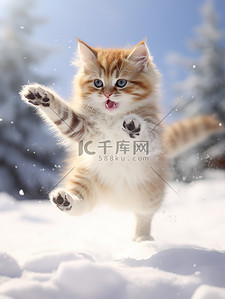 猫咪桌面壁纸背景图片_冬天的小猫雪中跳跃壁纸10设计