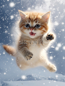猫咪桌面壁纸背景图片_冬天的小猫雪中跳跃壁纸9设计图