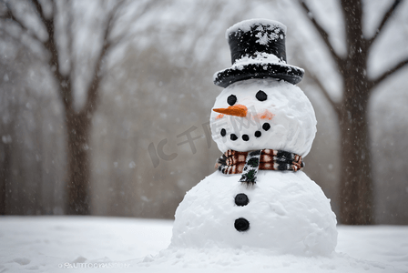 雪人摄影照片_冬季雪地里的白色雪人1