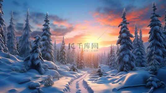 雪中森林背景图片_冬天雪中的日出风光12素材