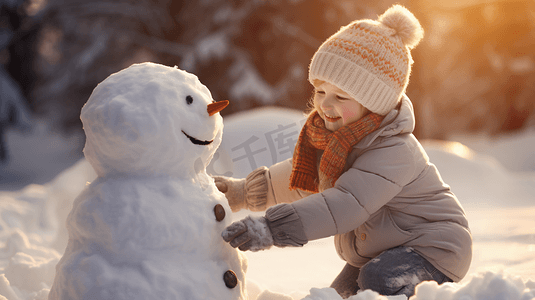 雪地上堆雪人的儿童