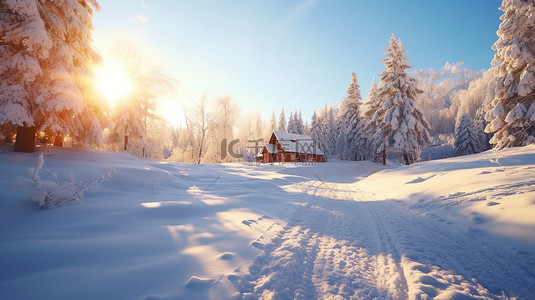 光照背景背景图片_日出阳光照在雪地森林13背景图片