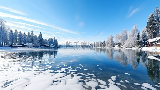 湖面上的雪景天气晴朗15素材