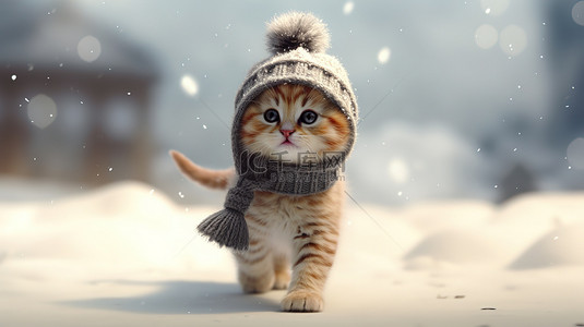 小猫在冰雪上行走3背景图片