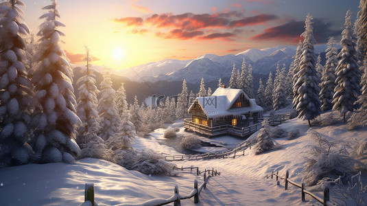 雪中森林背景图片_冬天雪中的日出风光6背景