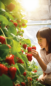水果女孩摄影照片_温室采摘草莓的女孩
