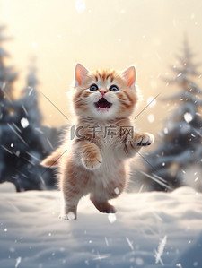 猫咪桌面壁纸背景图片_冬天的小猫雪中跳跃壁纸16素材