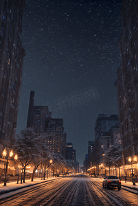 城市下雪摄影照片_冬季下雪城市夜景摄影图004