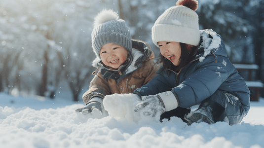 儿童玩雪摄影照片_雪地上玩雪的儿童