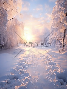 温暖的冬天背景图片_清晨阳光的冬天雪景18背景素材