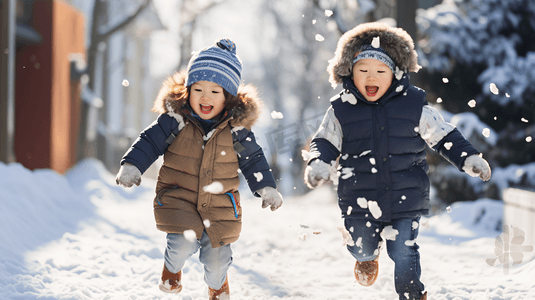 冬天的雪人摄影照片_雪地上玩雪的儿童