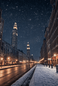 城市下雪摄影照片_冬季下雪城市夜景摄影图001