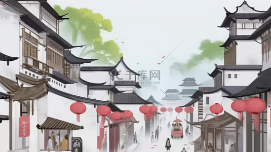 插画灯笼背景图片_烟雨朦胧江南古镇建筑插画20背景图