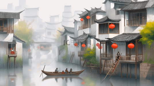烟雨背景图片_烟雨朦胧江南古镇建筑插画12设计