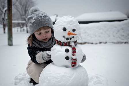 寒冷冬季室外孩子堆雪人图1