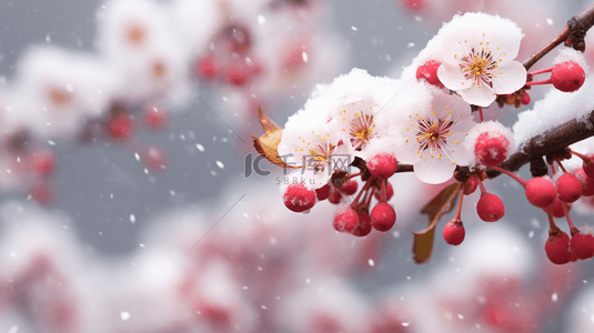 盛开的花背景图片_冬季一枝梅花雪景风景图片20