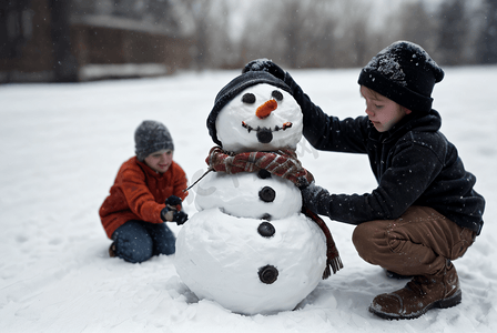 寒冷冬季室外孩子堆雪人图2