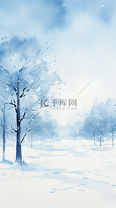简约水彩冬天野外雪天树木场景背景(11)