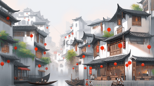 烟雨朦胧背景图片_烟雨朦胧江南古镇建筑插画5背景