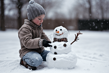 冬季小孩摄影照片_寒冷冬季室外孩子堆雪人图3
