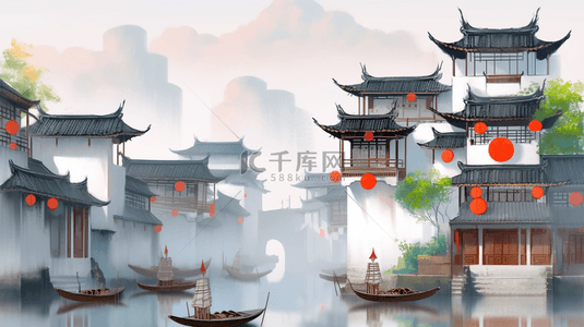 建筑灯笼背景图片_烟雨朦胧江南古镇建筑插画19设计