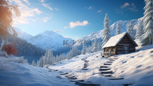 3数字3背景图片_雪山中的一间小屋3背景图片