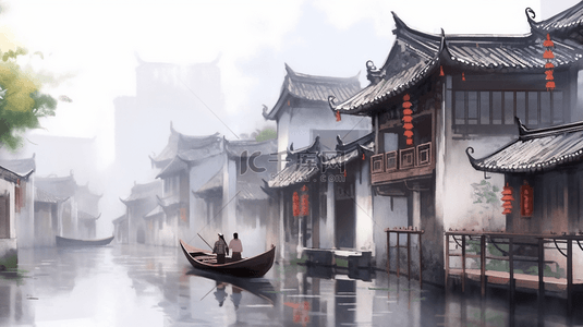 烟雨朦胧江南古镇建筑插画11背景图片