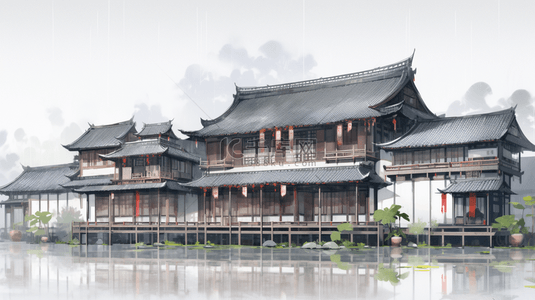 烟雨朦胧江南古镇建筑插画8背景图