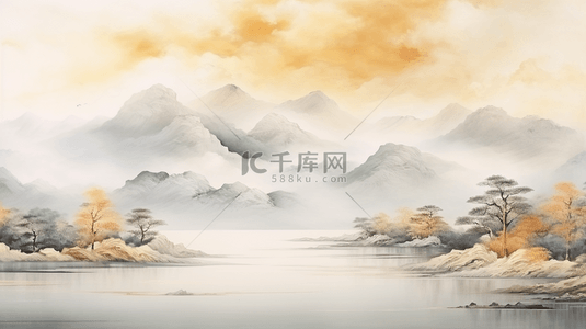 中式背景图片_金色中式国风手绘艺术山水背景(7)