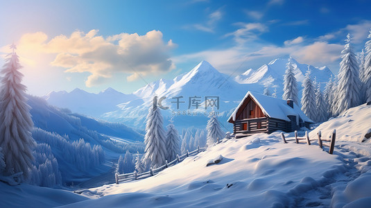 寒冷背景图背景图片_雪山中的一间小屋4背景图