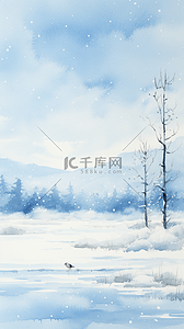 雪天小孩子背景图片_简约水彩冬天野外雪天树木场景背景(8)