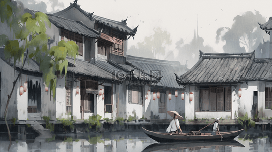 古镇背景图片_烟雨朦胧江南古镇建筑插画16背景