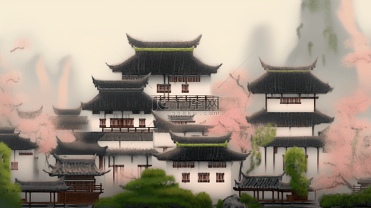 烟雨朦胧江南古镇建筑插画2背景素材
