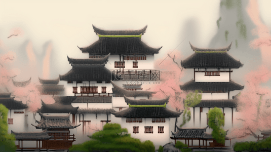 插画灯笼背景图片_烟雨朦胧江南古镇建筑插画2背景素材