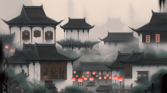 烟雨朦胧背景图片_烟雨朦胧江南古镇建筑插画1背景