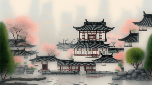 烟雨朦胧江南古镇建筑插画18设计