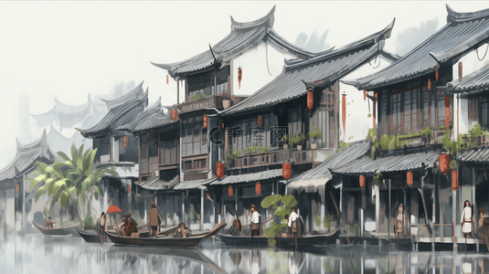 烟雨朦胧江南古镇建筑插画17背景素材