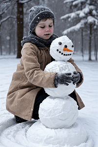 寒冷冬季室外孩子堆雪人图6