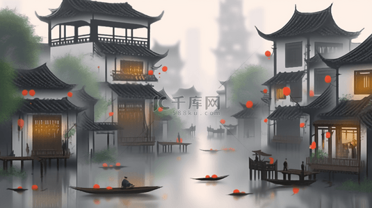 烟雨背景图片_烟雨朦胧江南古镇建筑插画23背景素材